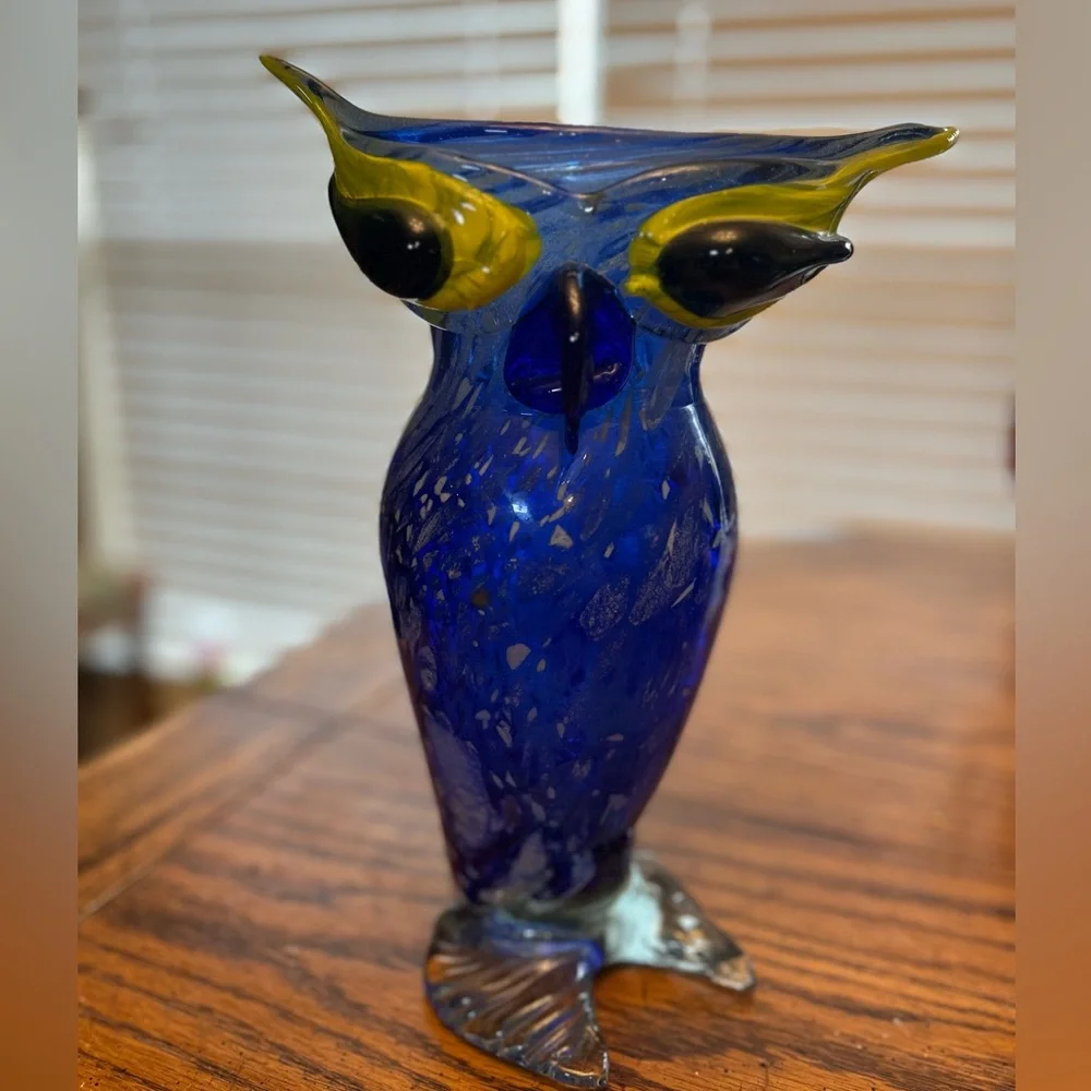Vintage Murano Glass Hand Blown 12 Inch Tall Blue and Yellow Decorative Owl Vase